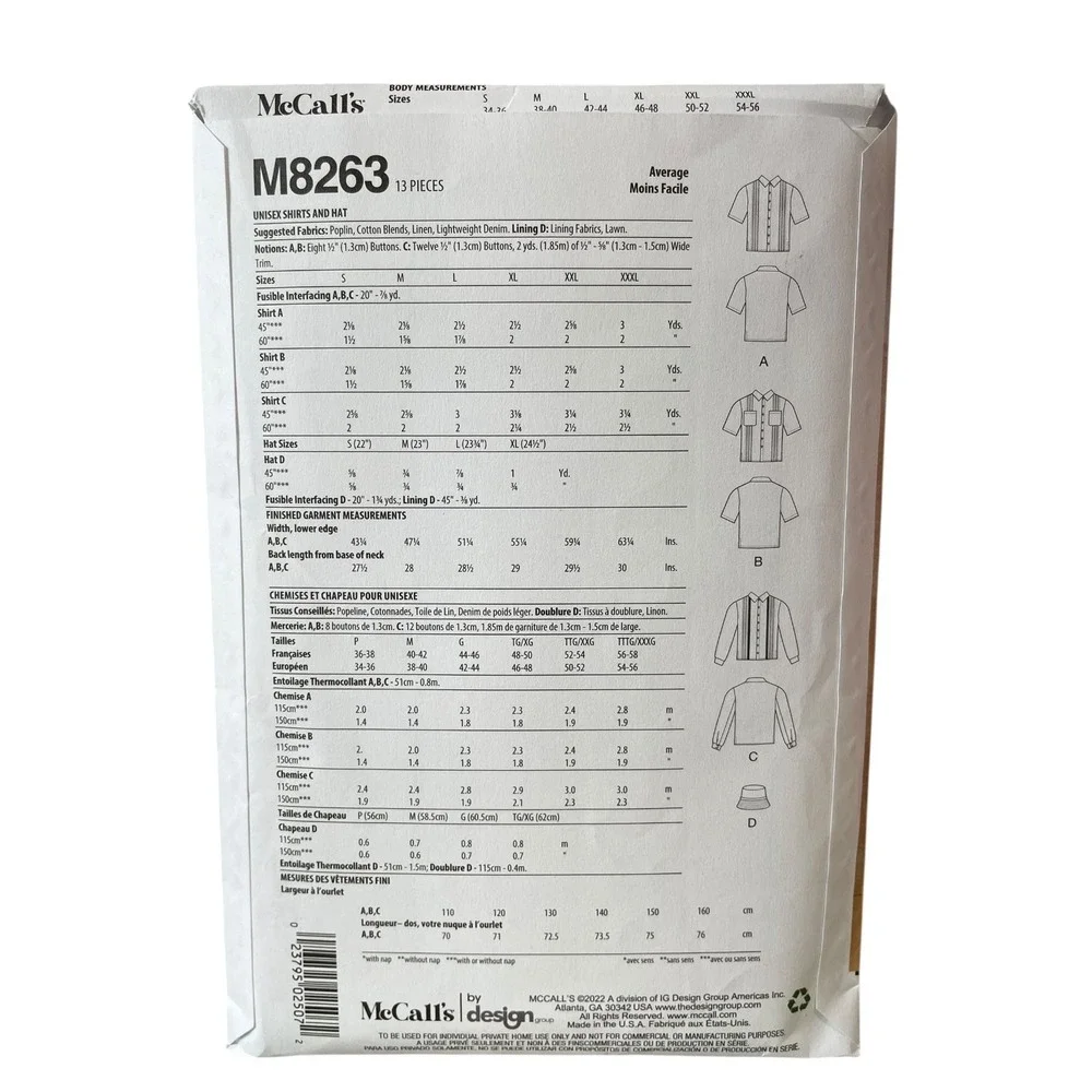 McCall's M8263 Unisex Shirts & Hat Pattern Sizes S-XXXL Modern